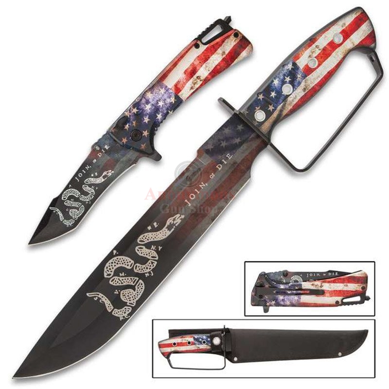 AMERICAN FLAG BOWIE AND POCKET KNIFE SET - STAINLESS STEEL BLADES, ALUMINUM HANDLES
