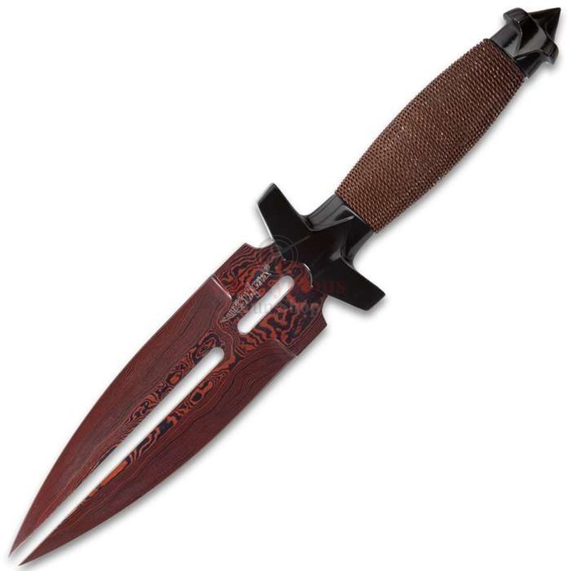 HIBBEN HELLFYRE DOUBLE SHADOW KNIFE WITH SHEATH - DAMASCUS STEEL BLADE, WIRE-WRAPPED HANDLE